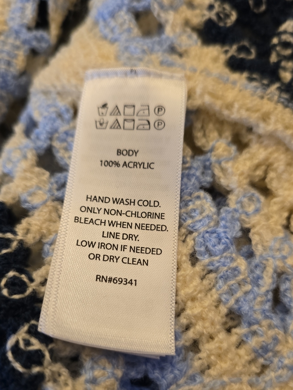 House of Harlow 1960 Crochet Sweater Blue Cream Granny Square Fringe Boho O/S - Picture 6 of 6